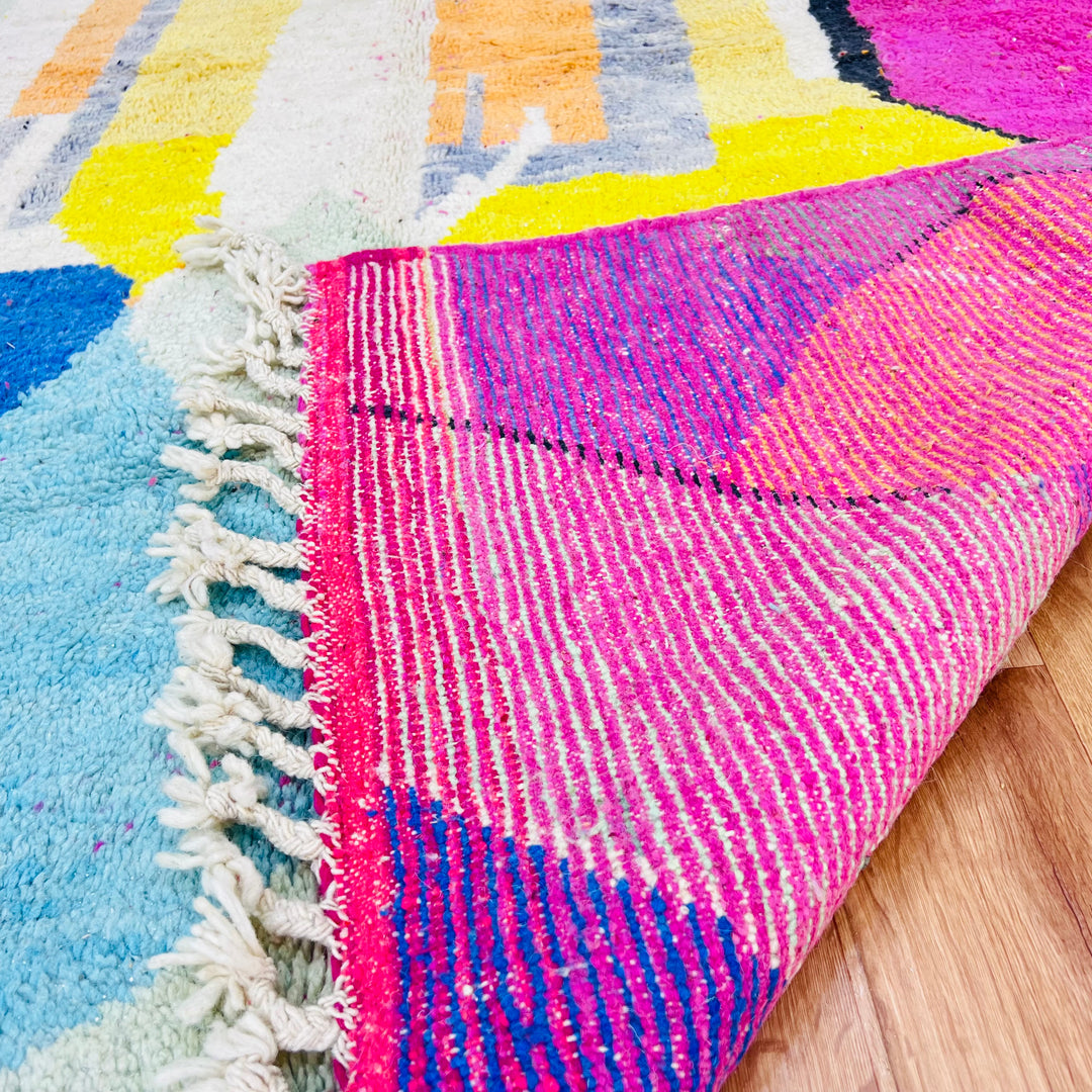 Bright Modern Abstract Moroccan Wool Rug with colorful geometric patterns and fringe detail