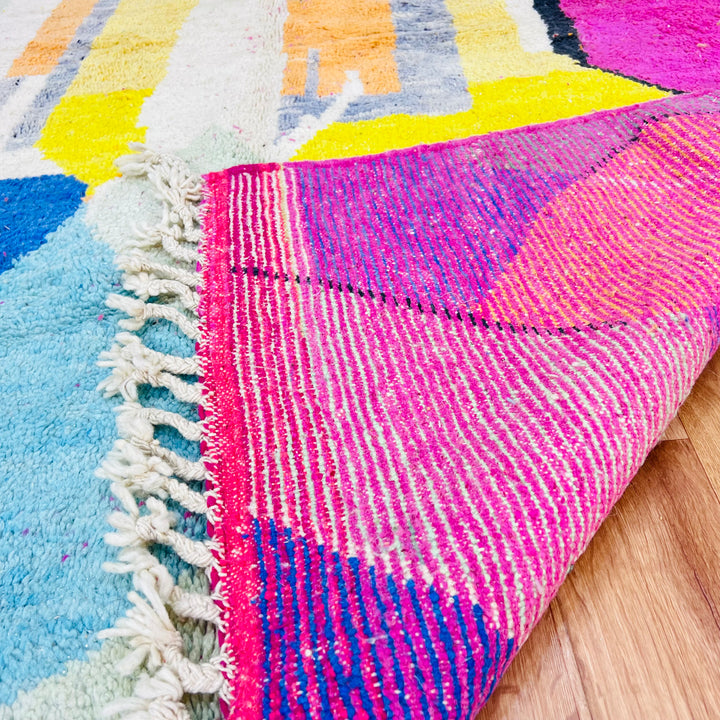 Bright Modern Abstract Moroccan Wool Rug with colorful geometric patterns and fringe detail