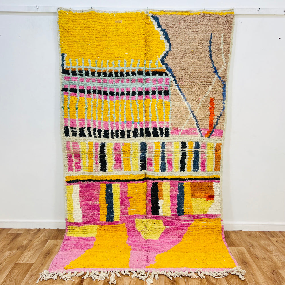 Striped Yellow Moroccan Wool Rug with vibrant colors and abstract designs, handmade by Berber artisans, 245x145 cm.