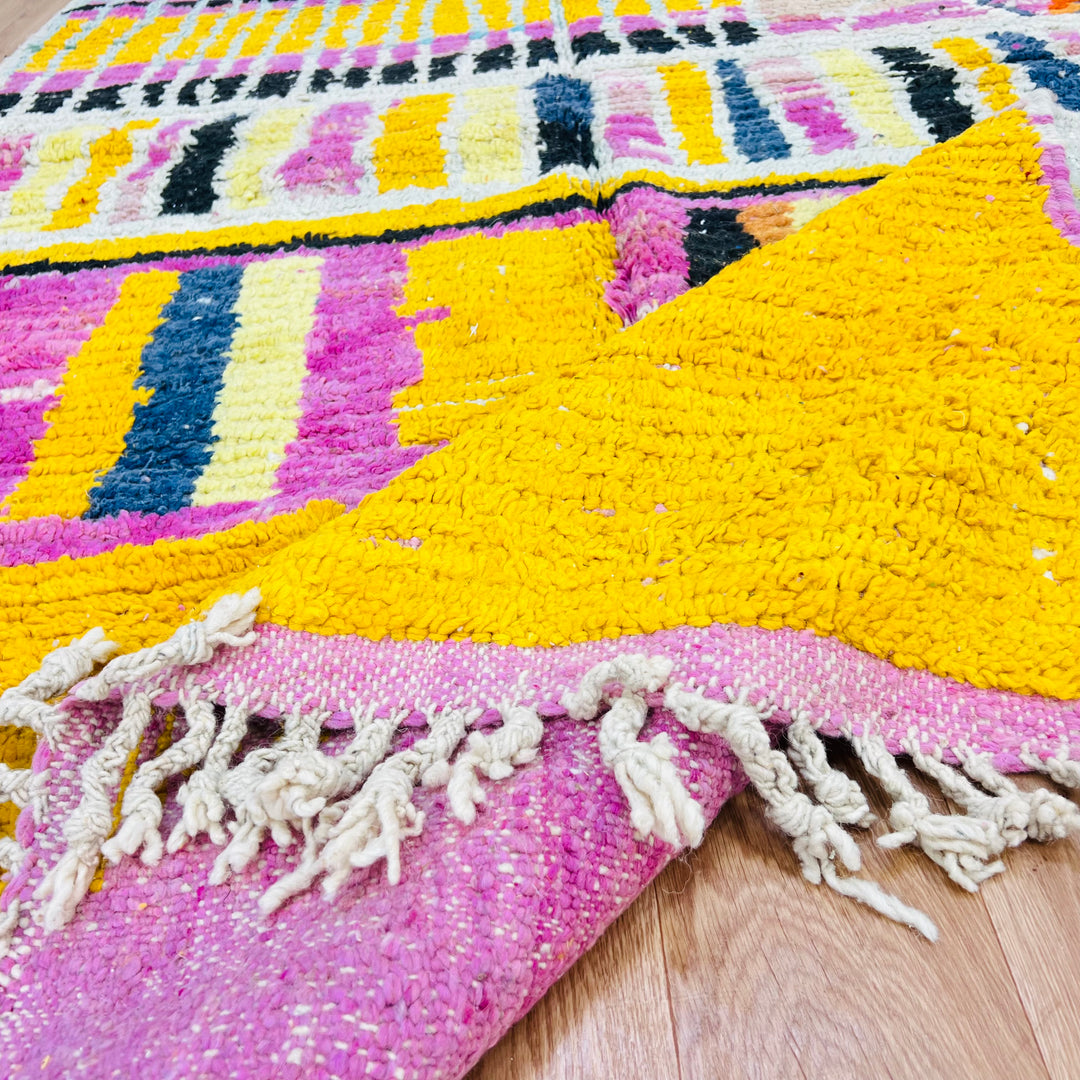Striped Yellow Moroccan Wool Rug with Black, Pink, Blue, and Yellow Handmade by Berber Artisans - Vibrant Home Decor