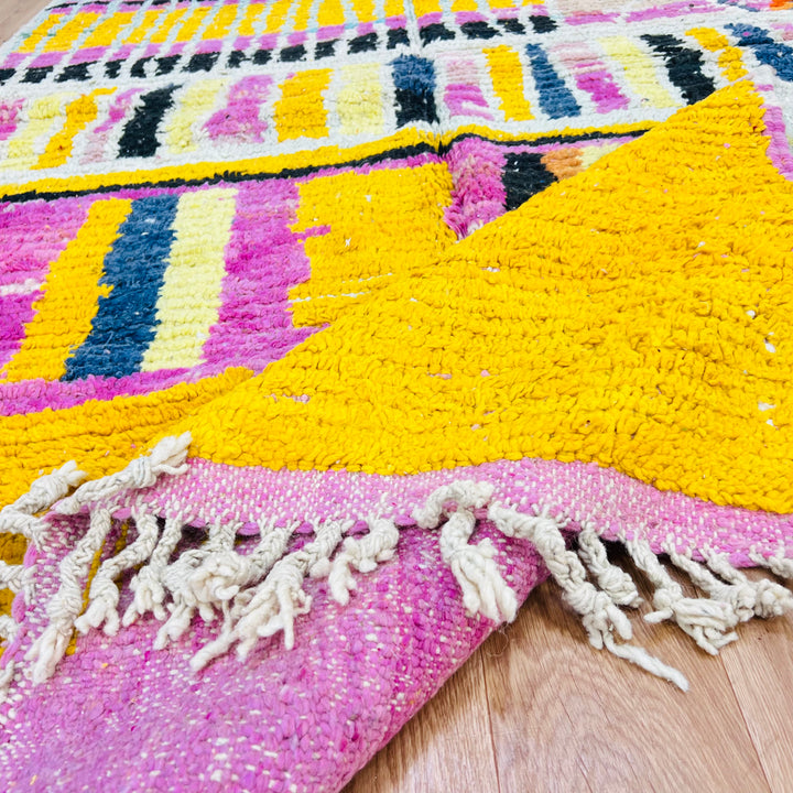 Striped Yellow Moroccan Wool Rug with Black, Pink, Blue, and Yellow Handmade by Berber Artisans - Vibrant Home Decor
