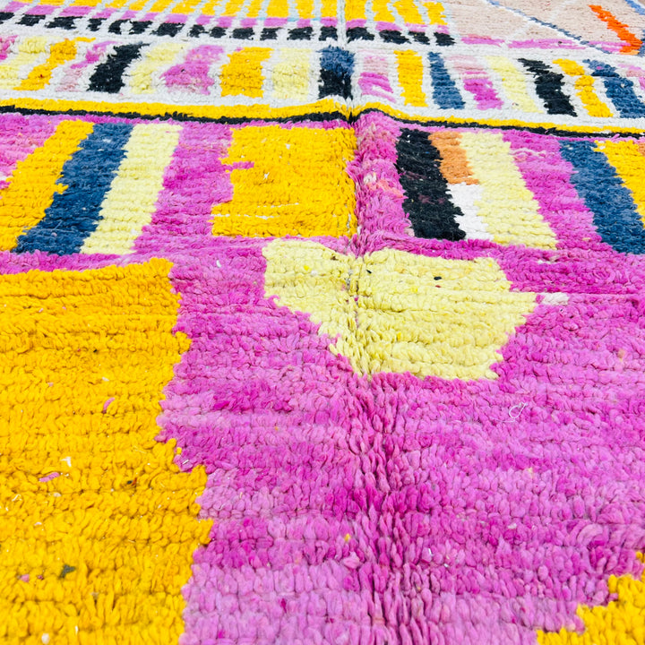 Colorful Striped Moroccan Wool Rug with Pink, Yellow, and Black Designs, Handmade by Berber Artisans - 245x145 cm