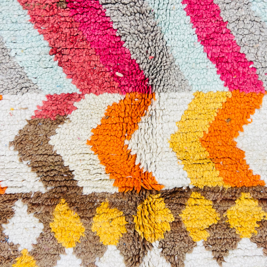 Colorful Diamond & Zigzag Moroccan Berber Wool Rug with vibrant geometric patterns in yellow, orange, and pink.