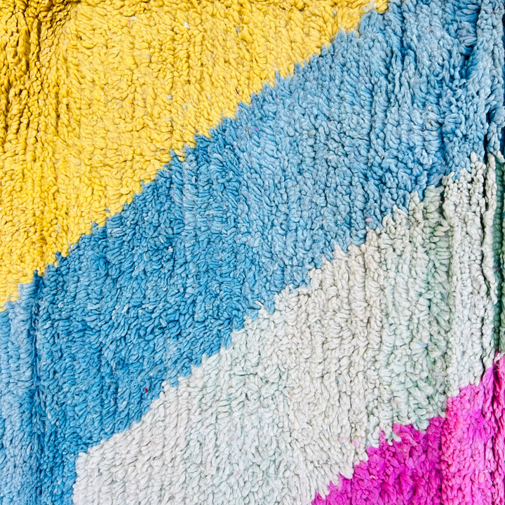 Vintage Moroccan Berber rug with bold pink, yellow, sky blue, and cream patterns, handwoven wool, 245x170 cm.