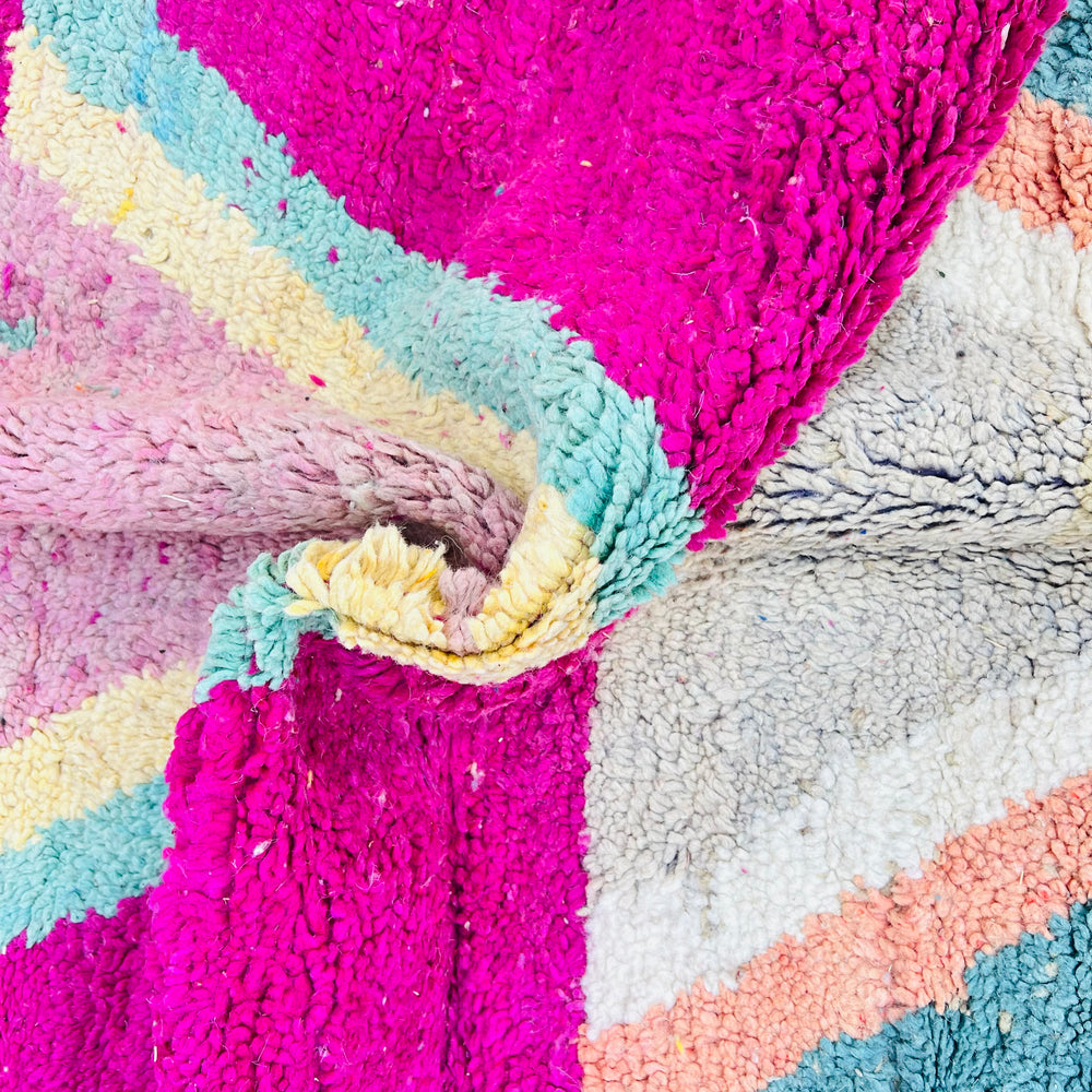 Colorful Vintage Moroccan Wool Rug with Tribal Motifs in Magenta and Turquoise