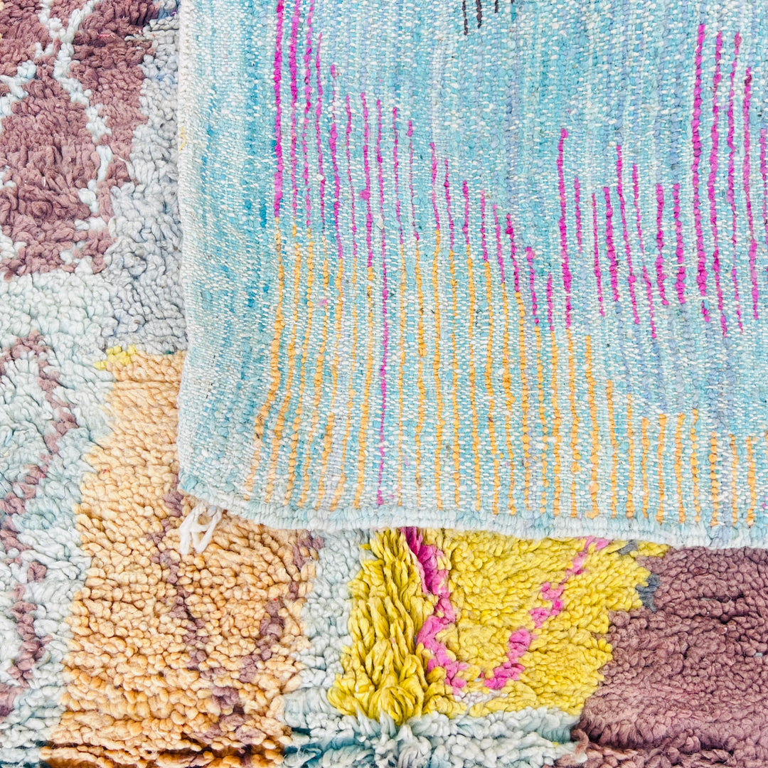 Vintage pastel Moroccan wool rug with honey mustard, mint, pink, and brown colors. Handmade Berber carpet, soft pile, 235 x 156 cm.