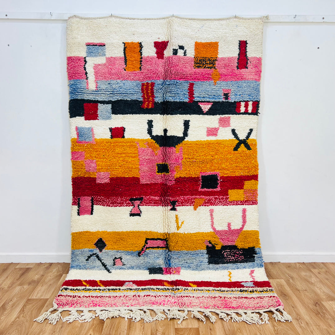 Vintage Berber Abstract Moroccan Rug with colorful tribal patterns, red, orange, pink, blue bands. Handwoven wool, 8.1 x 5 ft.
