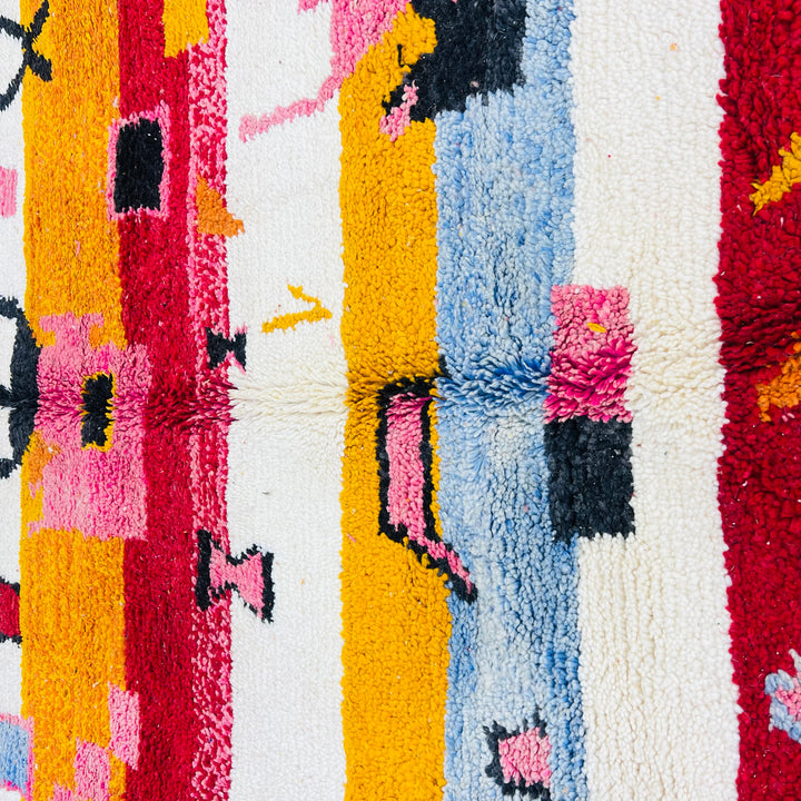 Vintage Moroccan Berber rug with vibrant colors and abstract tribal patterns, ideal for home decor. Size: 247 x 154 cm