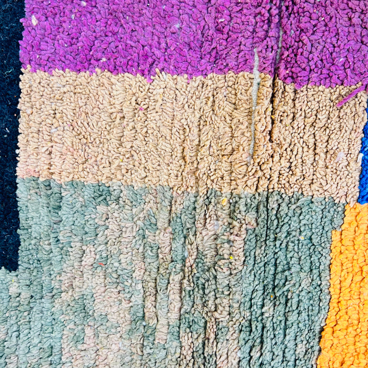Vintage Moroccan wool rug with vibrant color blocks of pink, beige, green, and blue. Handwoven by Berber artisans. Rug 537.
