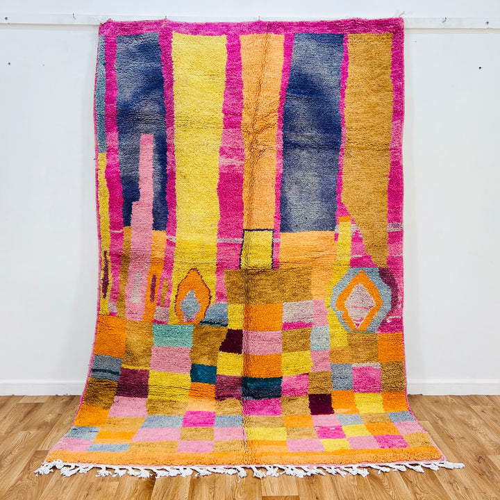 Vintage multicolor Moroccan rug with vertical bands and checkered blocks, 251 x 170 cm. Traditional Berber design in vibrant hues.