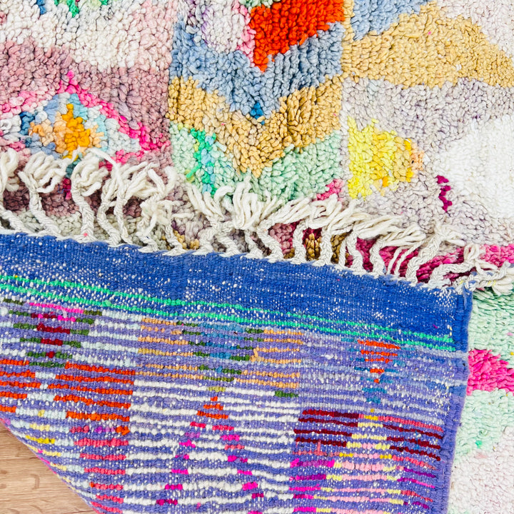 Vintage multicolor Moroccan Berber rug with vibrant tribal motifs and thick texture, dimensions 253 x 153 cm, 100% wool.