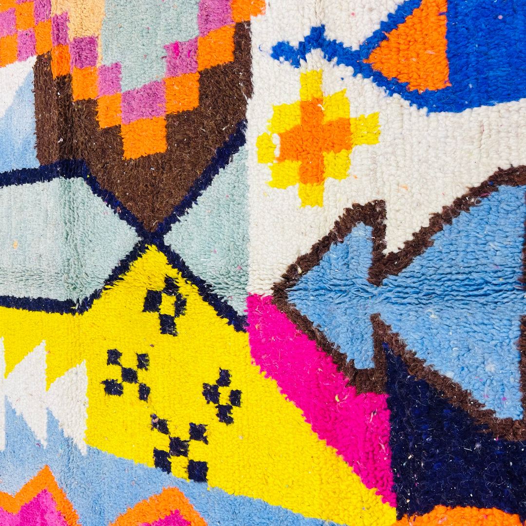 Colorful abstract vintage Moroccan rug with geometric Berber motifs in magenta, yellow, sky blue, burnt orange, black - 256 x 157 cm