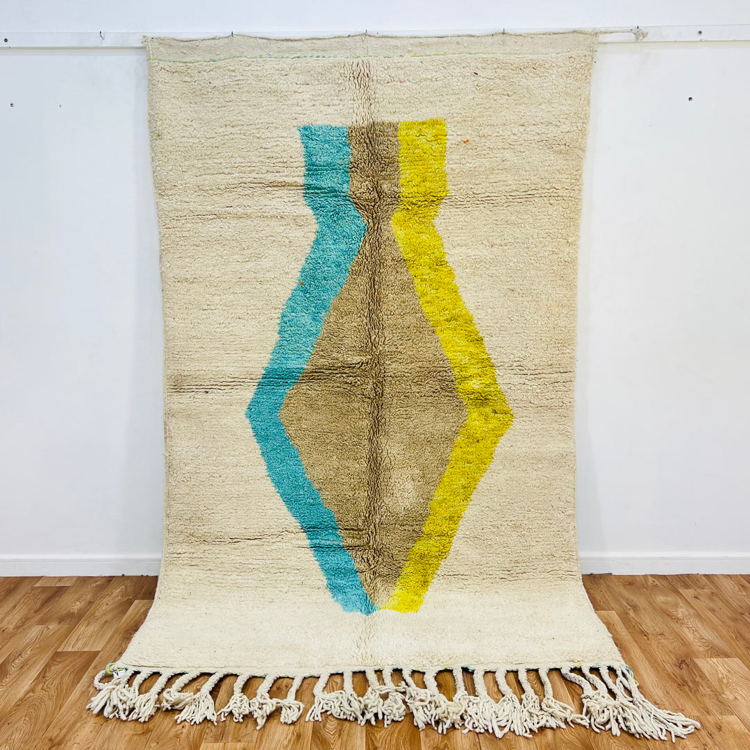 Minimalist vintage Moroccan wool rug with diamond motif in blue, brown, yellow. Handmade Berber carpet, 244x153 cm. Moroccan rugs for sale.