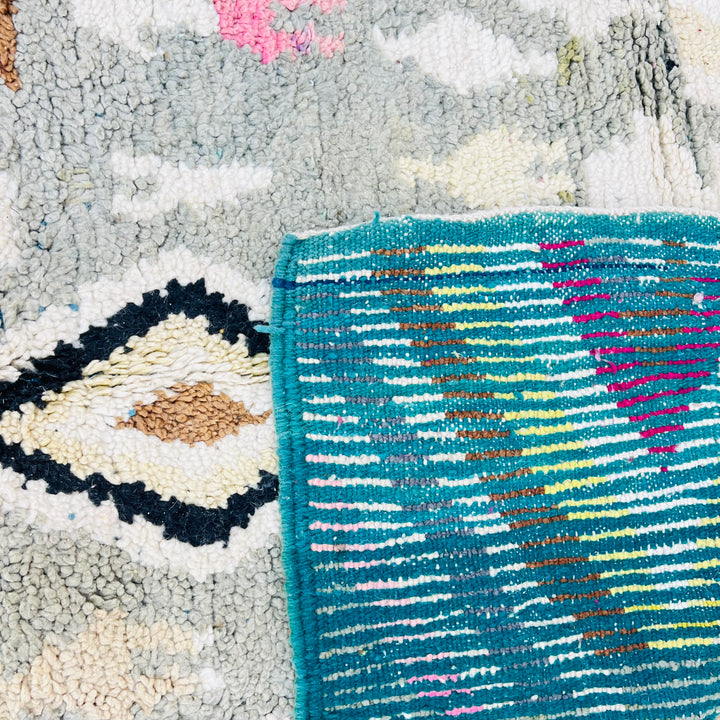 Vintage Moroccan rug with geometric diamonds, olive, pink, mustard, ivory colors, handmade by Berber artisans, 258x154 cm.