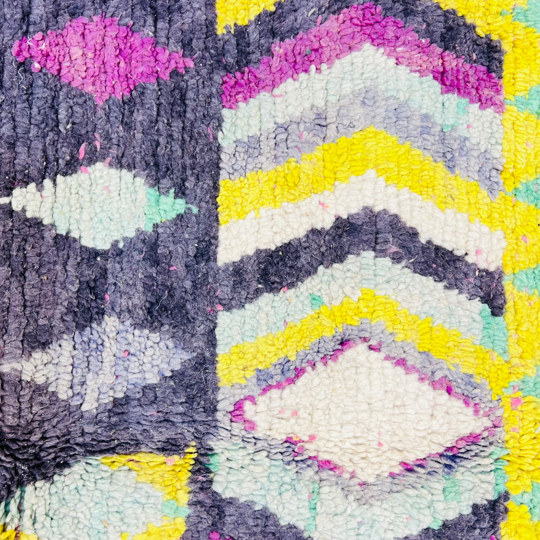 Colorful Vintage Moroccan Rug with diamond and zigzag patterns in yellow, purple, aqua, and cream by Berber artisans.