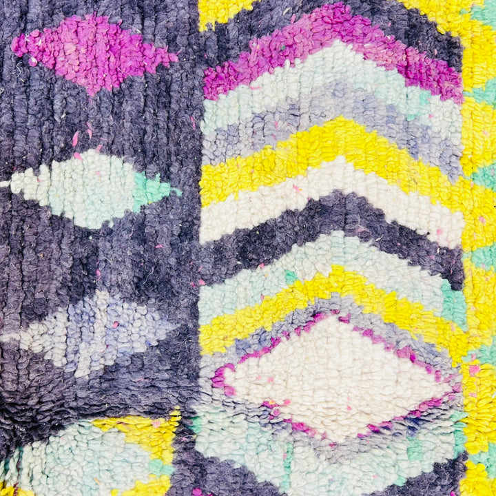Colorful Vintage Moroccan Rug with diamond and zigzag patterns in yellow, purple, aqua, and cream by Berber artisans.