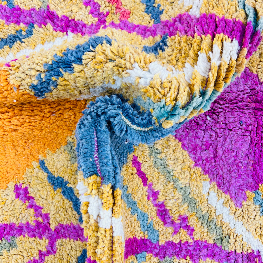 Colorful vintage Moroccan wool rug with vibrant fuchsia, ochre, teal, and orange pattern, handwoven by Berber women. Moroccan rug 8x10.