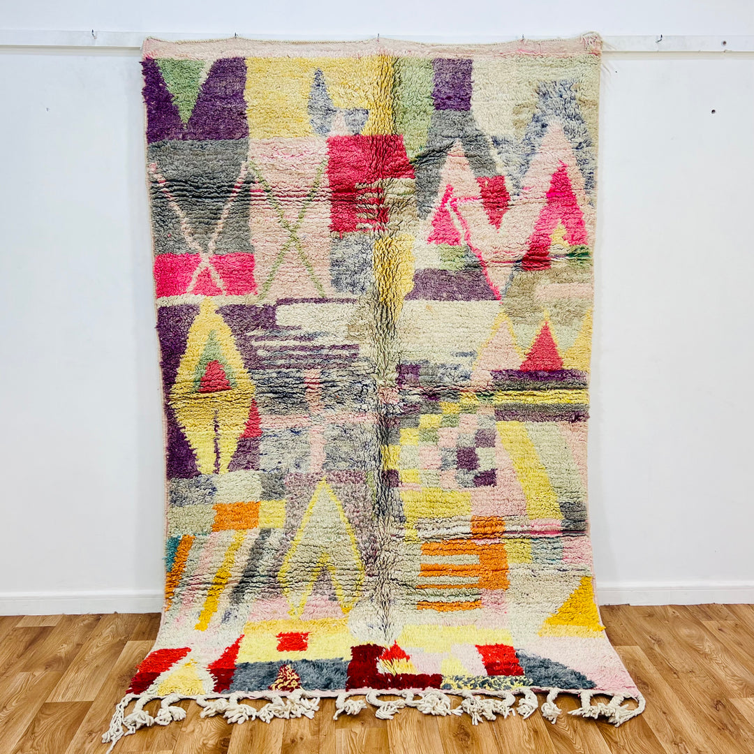 Vintage Moroccan wool rug with tribal motifs in purple, yellow, grey, and pink. Handwoven Berber carpet, 237x155 cm.