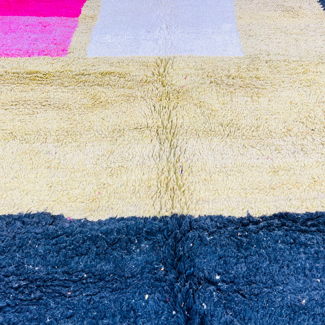 Bold Abstract Vintage Moroccan Rug with mustard, black, white, and pink blocks. Handwoven wool. Moroccan Berber style.