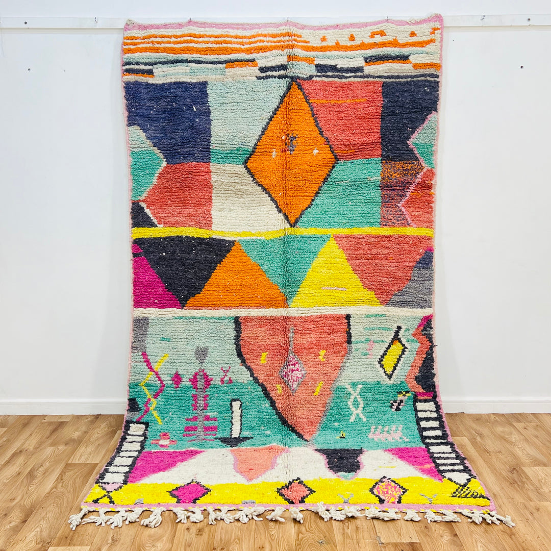 Bold geometric vintage Moroccan rug with vibrant turquoise, mustard, and orange colors, 254 cm x 161 cm, handwoven wool rug.
