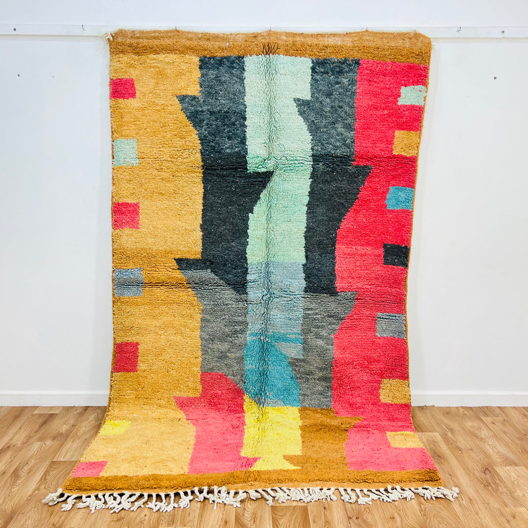 Colorful Abstract Vintage Moroccan Berber Rug with Bold Patterns, 250x161 cm, Vibrant Home Decor.