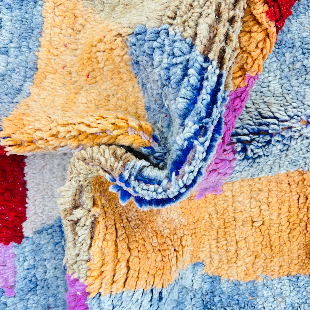 Vintage Moroccan wool rug No. 366 with geometric shapes in pink, orange, blue, and red – 245x160 cm

