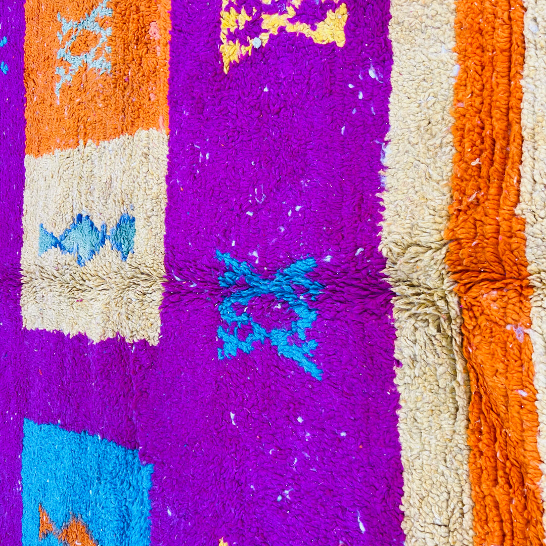Vintage Moroccan wool rug with colorful Berber motifs in pink, orange, yellow, and teal – Rug 607, size 250x157 cm.

