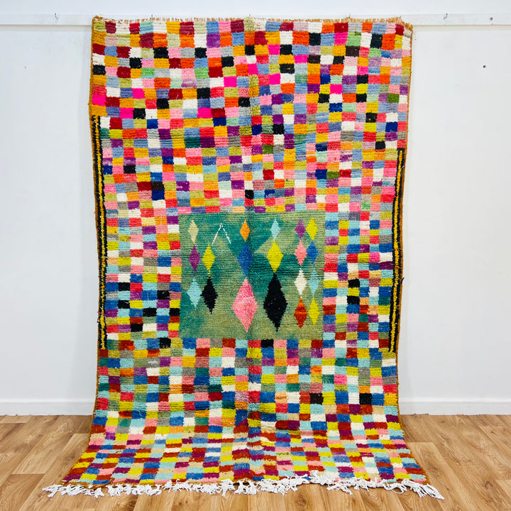Vibrant vintage Moroccan rug with multicolored checkerboard and diamond motifs, handwoven by Berber artisans. Size: 237 x 158 cm.