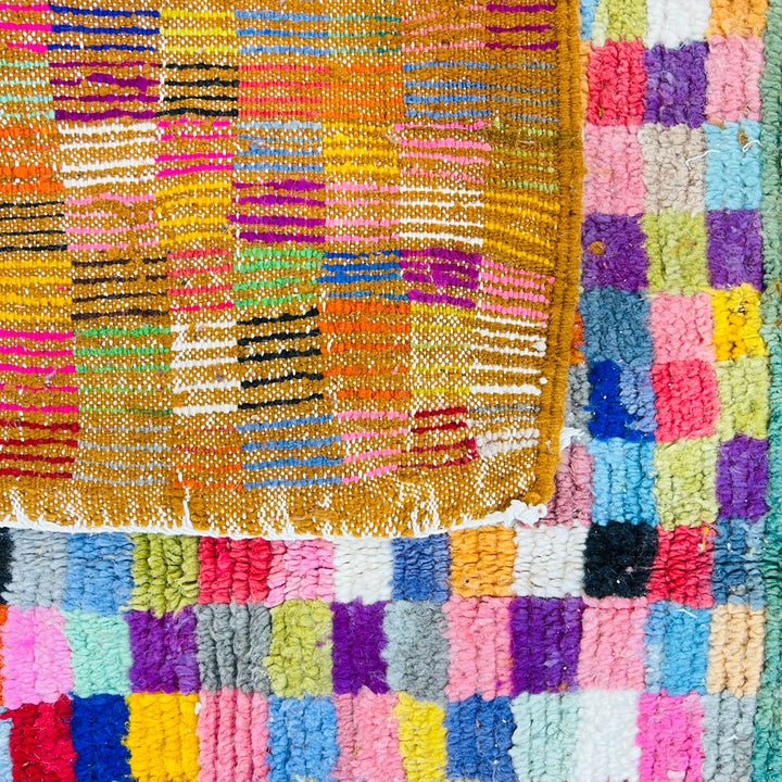 Vintage Moroccan wool rug with colorful checkerboard and central diamond pattern – 243x155 cm

