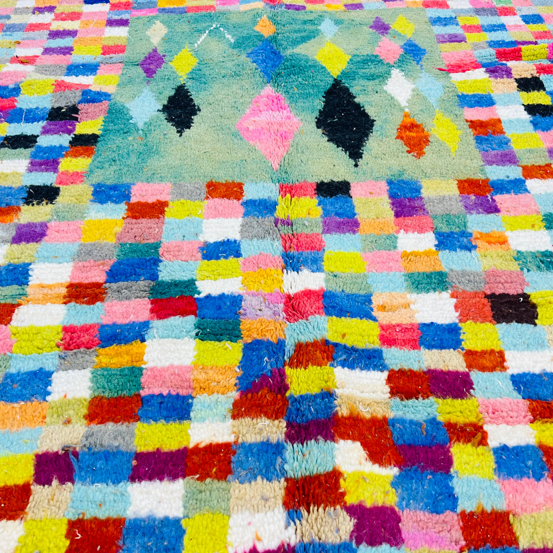 Vintage Moroccan wool rug with colorful checkerboard and central diamond pattern – 243x155 cm

