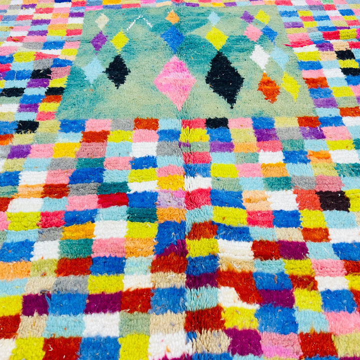 Vintage Moroccan wool rug with colorful checkerboard and central diamond pattern – 243x155 cm

