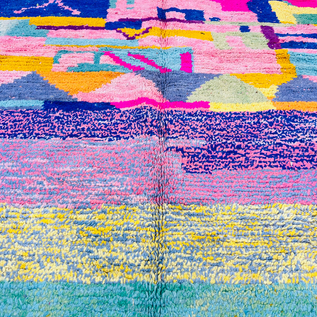 Vintage Moroccan Rug 1005 – Pink wool rug with abstract colorful geometric patterns – 250x160 cm

