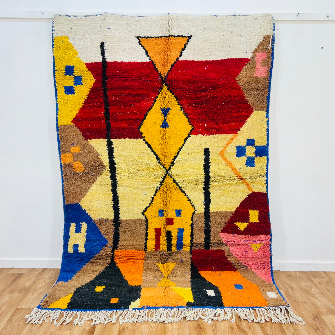 Vintage Moroccan rug 240x165 cm with bold red, yellow, and blue geometric pattern – Rug 651

