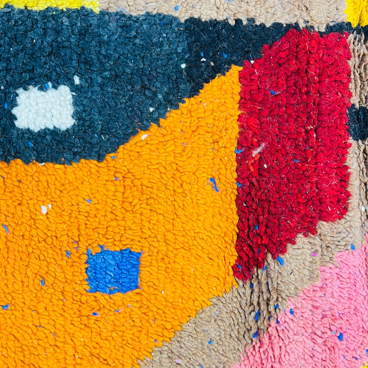 Vintage Moroccan rug 240x165 cm with bold red, yellow, and blue geometric pattern – Rug 651

