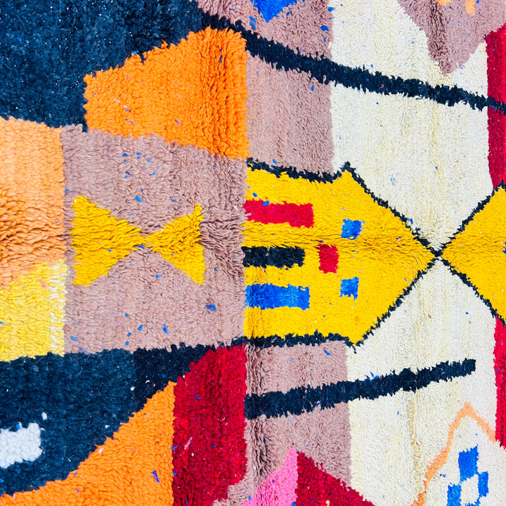 Vintage Moroccan rug 240x165 cm with bold red, yellow, and blue geometric pattern – Rug 651

