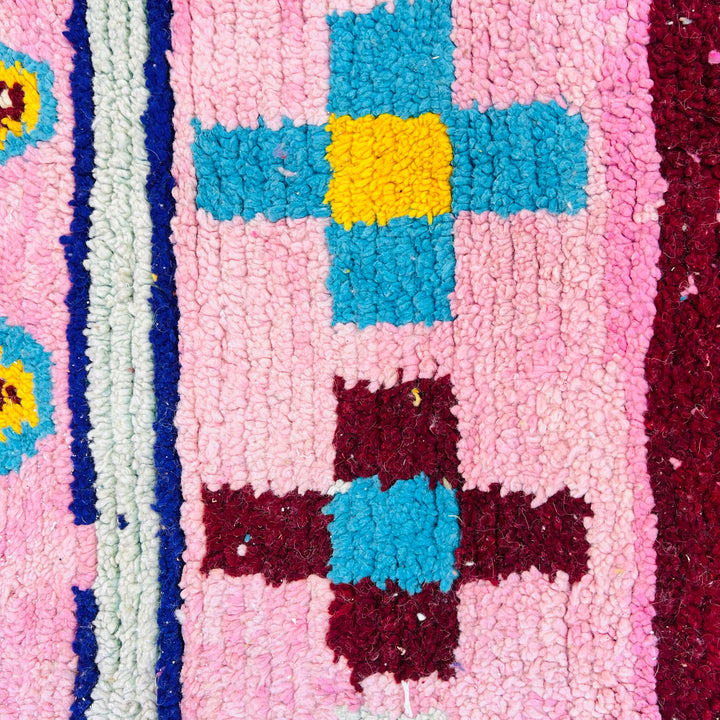 Vintage Moroccan rug 673 with pink, red, yellow, and blue geometric patterns – size 247x155 cm

