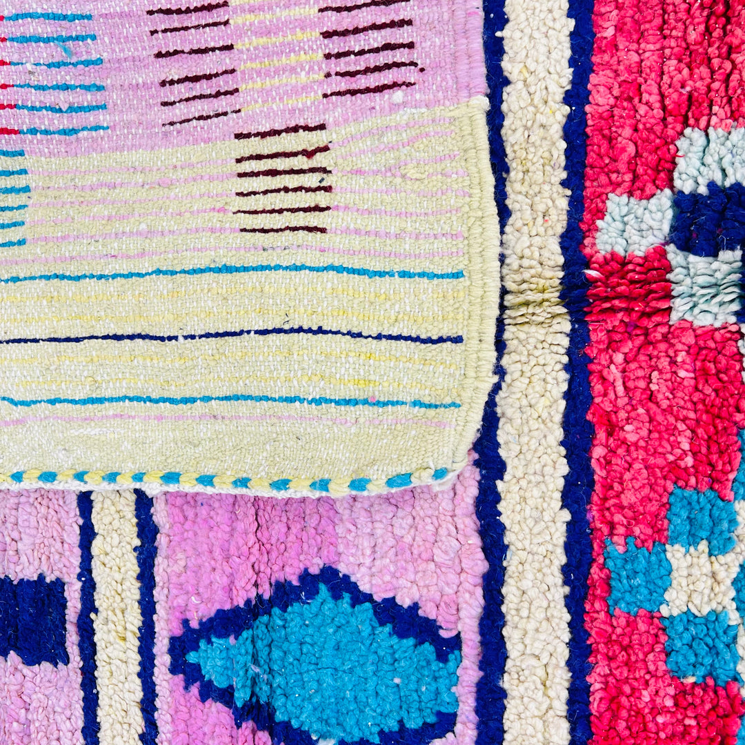 Vintage Moroccan rug 673 with pink, red, yellow, and blue geometric patterns – size 247x155 cm

