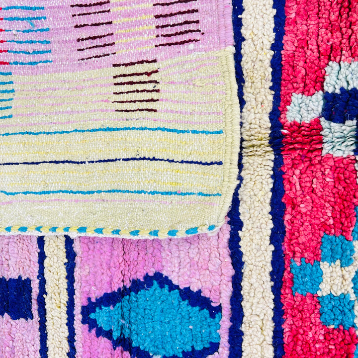 Vintage Moroccan rug 673 with pink, red, yellow, and blue geometric patterns – size 247x155 cm

