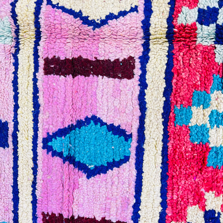 Vintage Moroccan rug 673 with pink, red, yellow, and blue geometric patterns – size 247x155 cm

