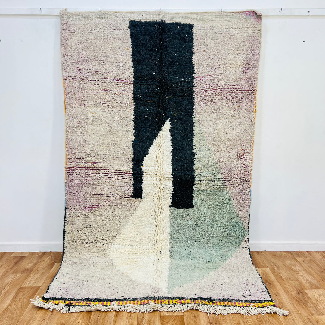 Vintage Moroccan wool rug 678 with abstract black and cream semi-circle design, handmade 260x155cm

