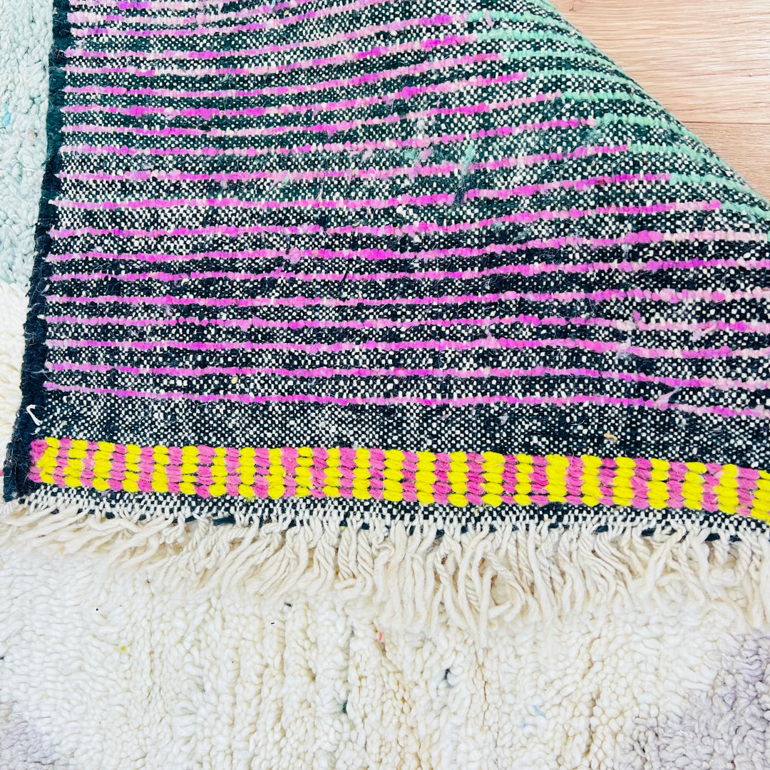 Vintage Moroccan wool rug 678 with abstract black and cream semi-circle design, handmade 260x155cm


