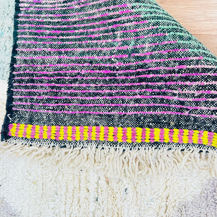 Vintage Moroccan wool rug 678 with abstract black and cream semi-circle design, handmade 260x155cm

