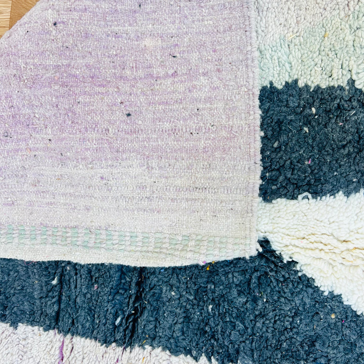 Vintage Moroccan wool rug 678 with abstract black and cream semi-circle design, handmade 260x155cm

