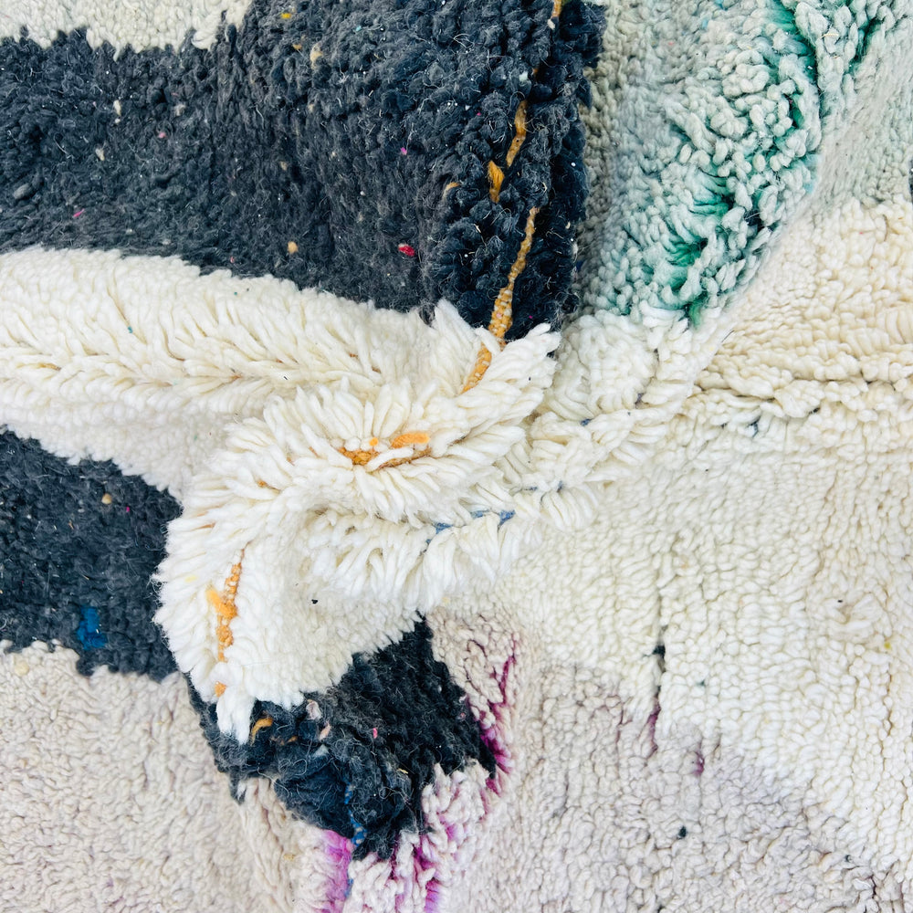 Vintage Moroccan wool rug 678 with abstract black and cream semi-circle design, handmade 260x155cm

