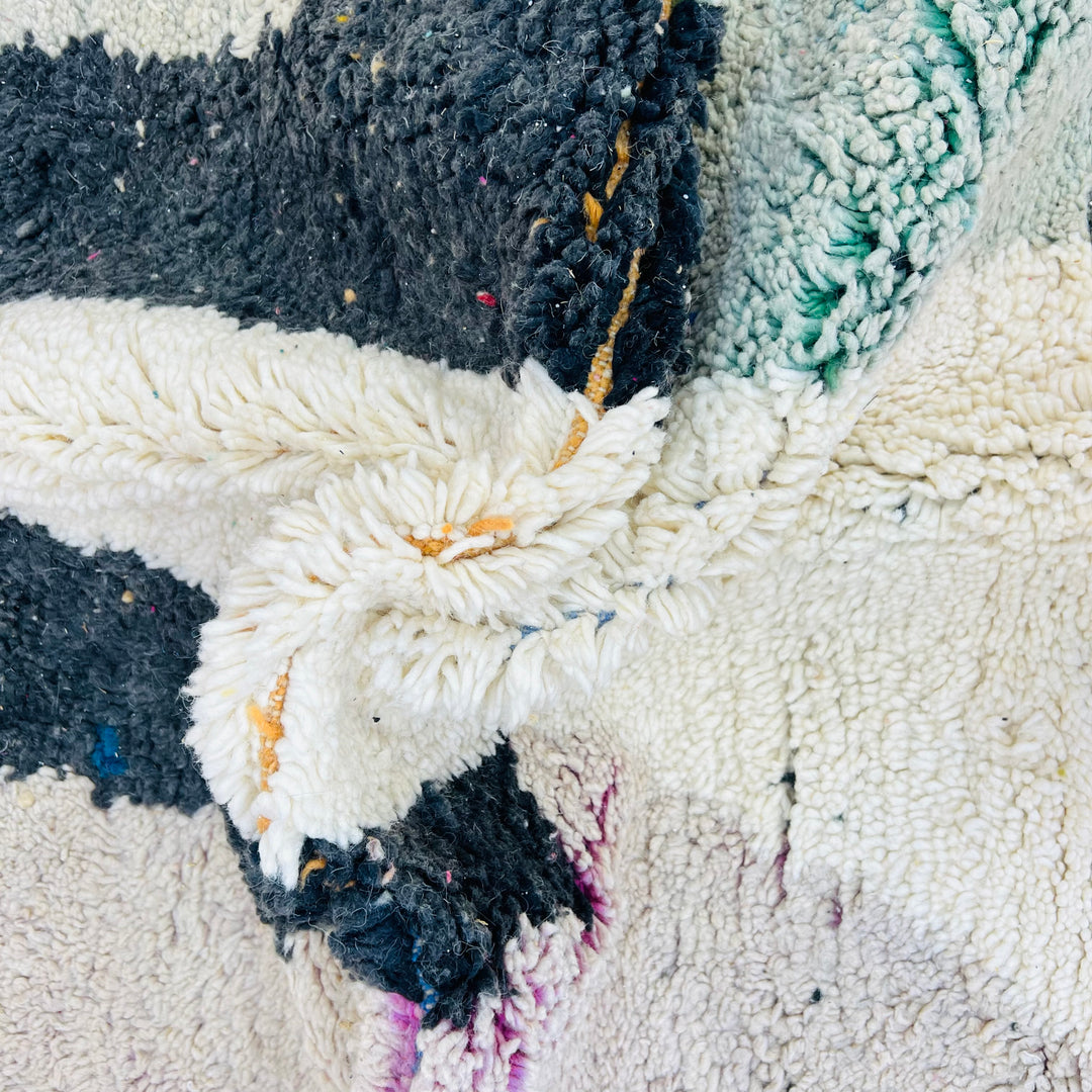 Vintage Moroccan wool rug 678 with abstract black and cream semi-circle design, handmade 260x155cm

