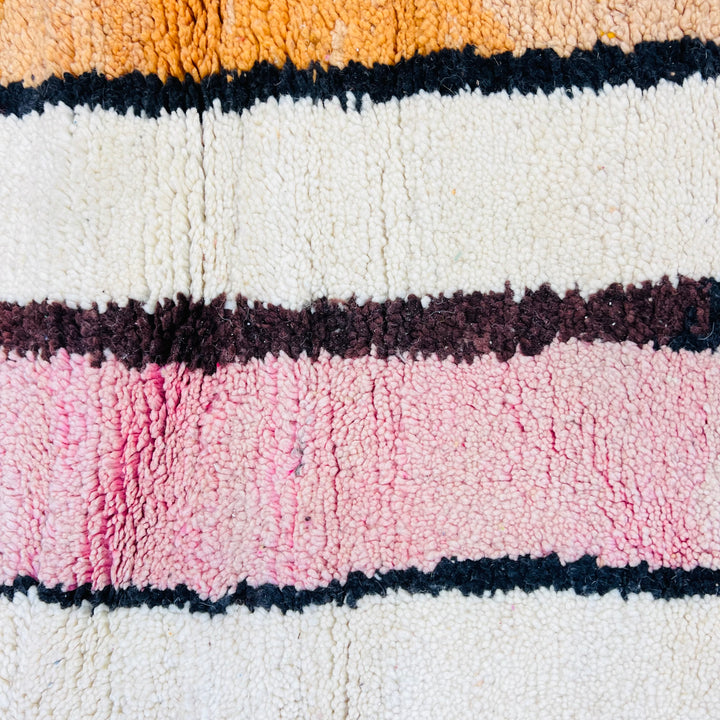 Vintage Moroccan rug 663 with pink, orange, and ivory abstract lines, handmade in wool.

