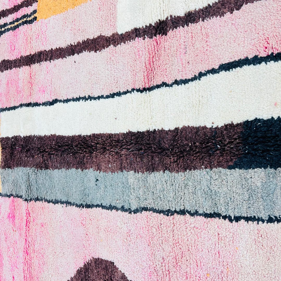 Vintage Moroccan rug 663 with pink, orange, and ivory abstract lines, handmade in wool.

