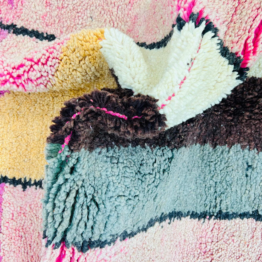 Vintage Moroccan rug 663 with pink, orange, and ivory abstract lines, handmade in wool.

