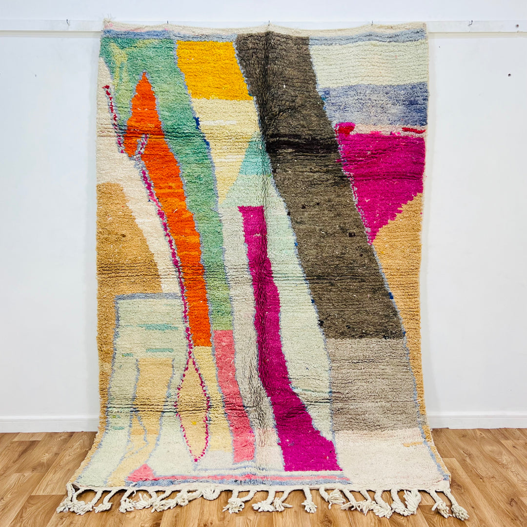 Abstract colorful Moroccan wool rug in pink, orange, and green – Rug 616

