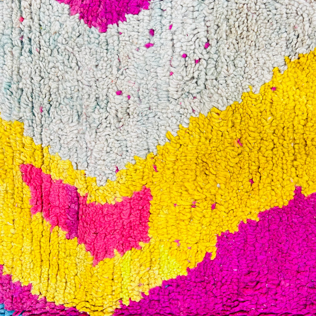 Vintage Moroccan wool rug in bold pink, yellow, and blue zig-zag pattern – handmade 244x150 cm

